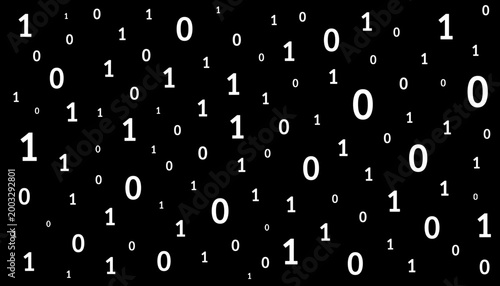 Digital binary matrix vector background with scattered zeros and ones on black background in high contrast minimal tech style