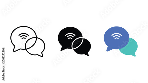 Live chat support and online customer service icon set with speech bubble and wireless signal symbols in outline solid black and colorful design styles isolated on white background