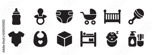 A collection of black baby-themed icons including a bottle, pacifier, diaper, stroller, crib, rattle, bodysuit, bib, cube, bed, sleeping baby, and toiletries.