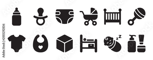A collection of clean, modern black icons depicting essential baby care items and nursery essentials on a white background.