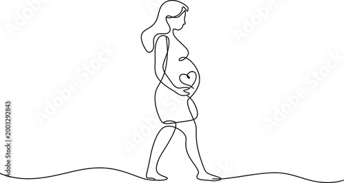 Continuous single line drawing of a pregnant woman walking and holding her belly with a heart shape