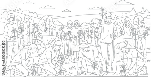A diverse group of enthusiastic volunteers actively participates in a community tree planting initiative, diligently working together to cultivate new life and enhance environmental sustainability.
