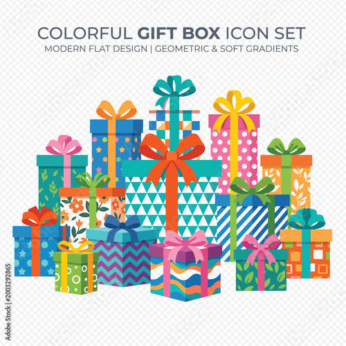 Set of colorful gift boxes with ribbons and bows in flat design style