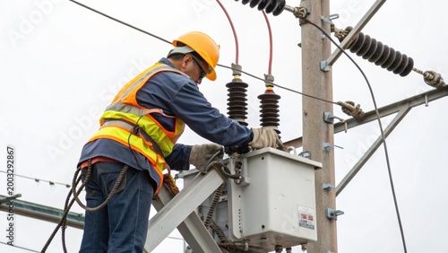 A utility worker in safety gear repairs electrical equipment on a power pole, ensuring safe and reliable electricity distribution.