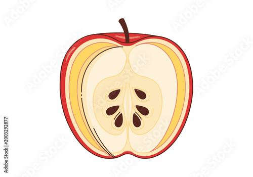 A sliced red apple with seeds and layers on a white background