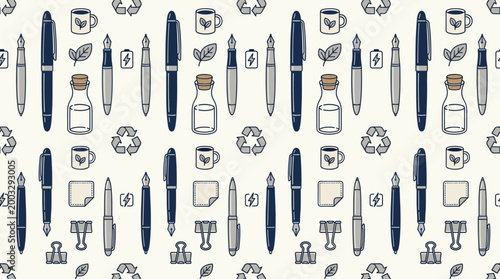 Sustainable office essentials and reusable workplace symbols arranged in a sophisticated seamless repeating pattern for
