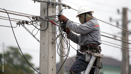 A worker in protective gear repairs electrical wiring on a utility pole using insulated tools.