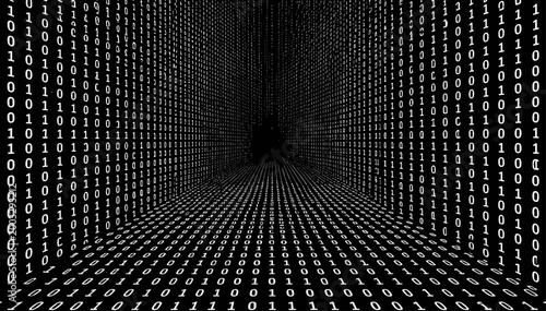 Matrix style data tunnel vector background with sharp binary digits perspective and high contrast black and white digital depth