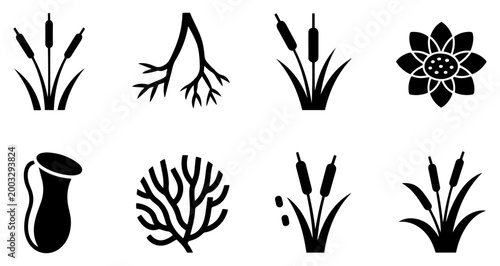 swamp water plants silhouette icons set