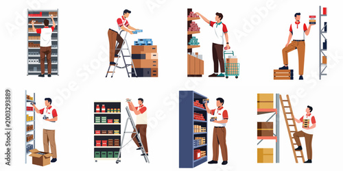 Set of flat illustrations showing a male grocery store worker stocking shelves with canned goods, organizing boxes, and using ladders in a supermarket.