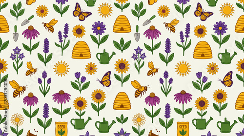 Pollinator friendly gardening icons and bee-friendly plant symbols arranged in a seamless repeating pattern for sustainable