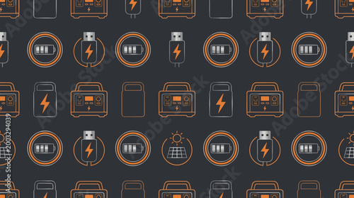 Portable energy storage icons and battery technology symbols arranged in a sophisticated seamless repeating pattern for consumer