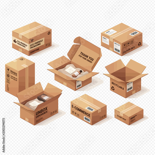 Set of various cardboard shipping boxes for e-commerce delivery and parcel packaging in isometric view