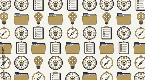 Executive productivity tools and time management symbols arranged in a sophisticated seamless repeating pattern for office themes.