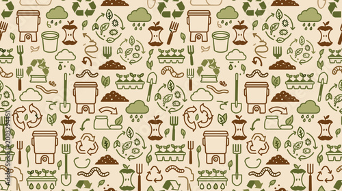 Organic recycling icons and compost management symbols forming a continuous seamless pattern for environmental awareness materials