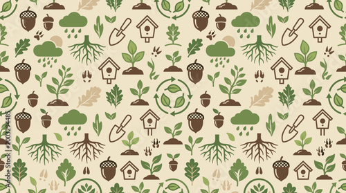 Reforestation project icons and woodland restoration symbols forming a continuous seamless pattern for environmental awareness