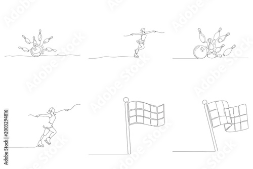 Set of continuous line drawing illustrations depicting various bowling moments ice skating performance and checkered flag finish.