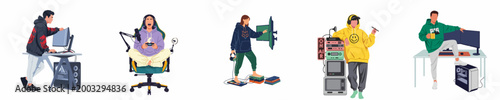 Collection of diverse young gamers and streamers using professional PC setups, gaming equipment, and wearing casual hoodies in a flat vector illustration style.