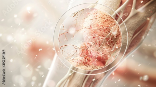 Advanced biomedical infographic combining full limb view with magnified circular inset of necrotizing fasciitis tissue damage, smooth transition between macro and micro scale