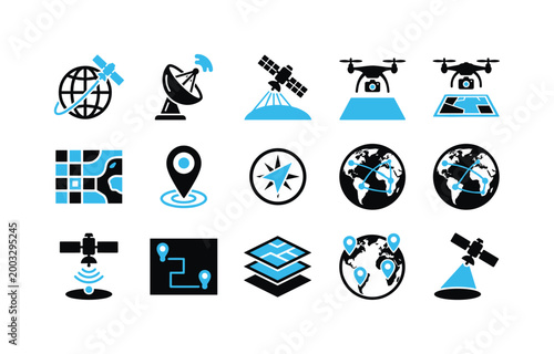 Collection of icons representing satellite technology, navigation, and mapping services