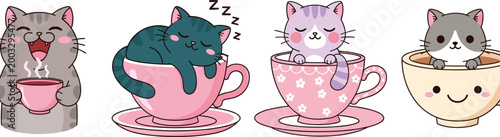 Foto Set of Cute Kawaii Cats Sitting in Coffee and Tea Cups Cartoon Animal Characters