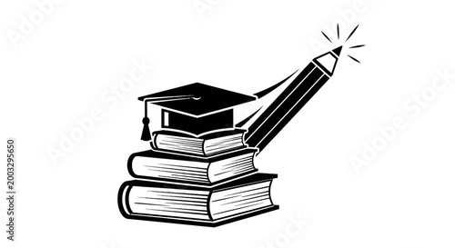 Graduation cap and stacked books education.