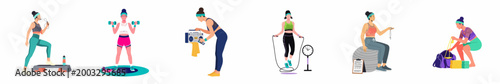 Flat vector illustration set of women performing various fitness exercises including aerobics, weightlifting, skipping rope, and gym preparation activities.