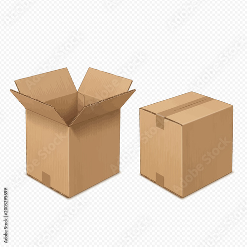 Open and closed brown cardboard delivery boxes isolated