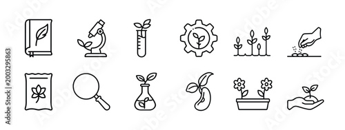 Ecology science web line icons set nature research biology plant care & more vector illustration with editable stroke
