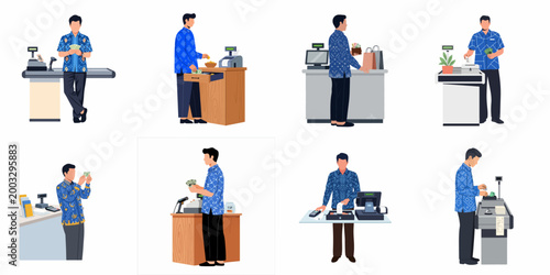 Collection of illustrations featuring a male cashier in a blue batik shirt performing various financial transactions and customer service duties at checkout.