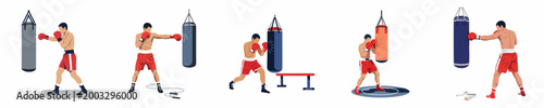 Set of professional boxer illustrations training with heavy punching bags in various gym poses, isolated on white background.