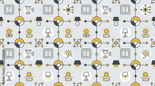 Intelligent lighting icons and smart sensor symbols arranged in a sophisticated seamless repeating pattern for interior design