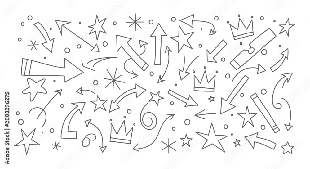 Fototapeta premium Abstract Hand Drawn Doodle Arrows, Stars, and Crowns Pattern on Isolated White Background