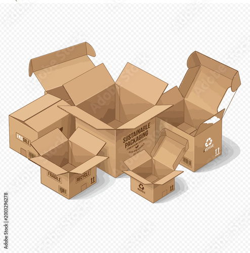 Set of open cardboard boxes for delivery and shipping in various sizes