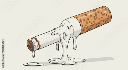 Humorous and surreal illustration of a melting cigarette shaped like an ice cream cone, symbolizing the harmful sweetness of addiction on a bright studio background.