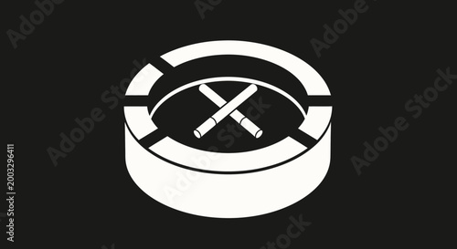 Minimalist ashtray icon with two crossed cigarettes, symbolizing no smoking or tobacco disposal on a black background.