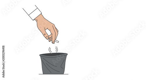 Hand dropping a lit cigarette into an ashtray, symbolizing responsible disposal and the act of quitting smoking on a bright studio background.