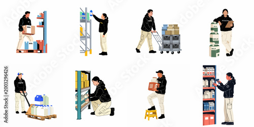 Warehouse Workers Managing Dairy Products and Milk Inventory in a Distribution Center with Various Logistics Tasks Illustration