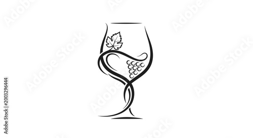 Elegant line art design of a wine glass with a decorative grape vine, symbolizing fine dining and luxury on an isolated white background.