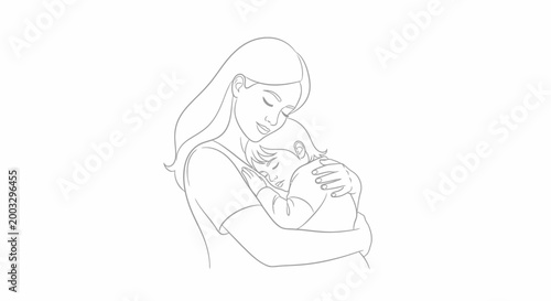 Continuous line art drawing of a loving mother gently embracing her baby, conveying tenderness and connection on an isolated white background.