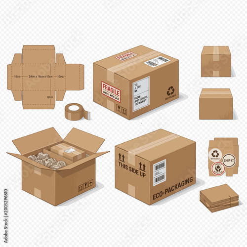 Set of cardboard shipping boxes and packaging materials for delivery and logistics