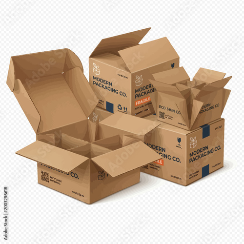 Group of open cardboard delivery boxes for shipping and logistics