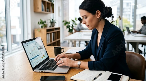 Focused businesswoman analyzing data on laptop in modern office setting, demonstrating dedication and productivity