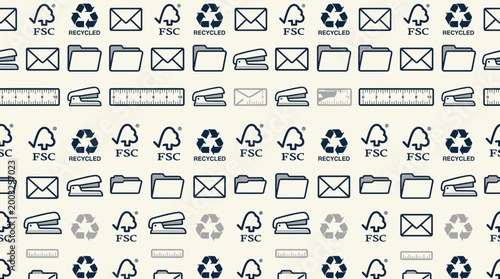 Sustainable stationery icons and recycled paper symbols arranged in a sophisticated seamless repeating pattern for modern office