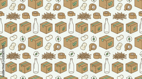 Sustainable packaging objects and eco-friendly shipping symbols arranged in a seamless repeating pattern for green e-commerce use.
