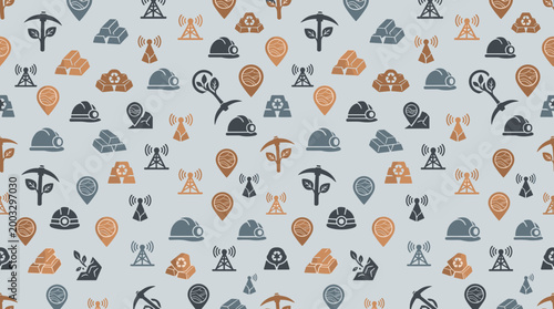 Sustainable mining and mineral management symbols forming a continuous seamless pattern for industrial geology materials. Resource