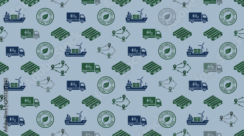 Sustainable supply chain icons and green logistics symbols forming a continuous seamless pattern for global trade materials.