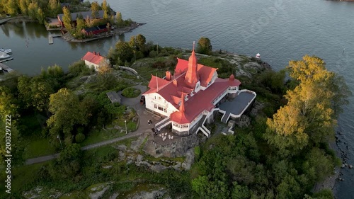 Luoto Island Helsinki Seaside View Finland with Saaristo Summer Restaurant. Scenic view of Luoto Island located along the southern waterfront of Helsinki, Finland