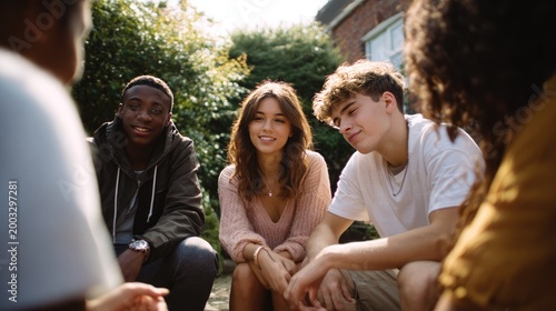 Group of Friends in Outdoor Meeting: Capturing a candid moment of friendship and togetherness, a diverse group engages in conversation outdoors, surrounded by warmth and camaraderie.