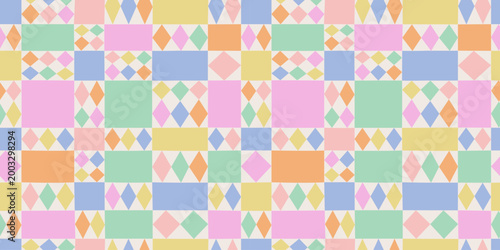 Colorful geometric mosaic seamless pattern. Vintage rhombus patchwork background illustration. Creative diamond shape wallpaper print.